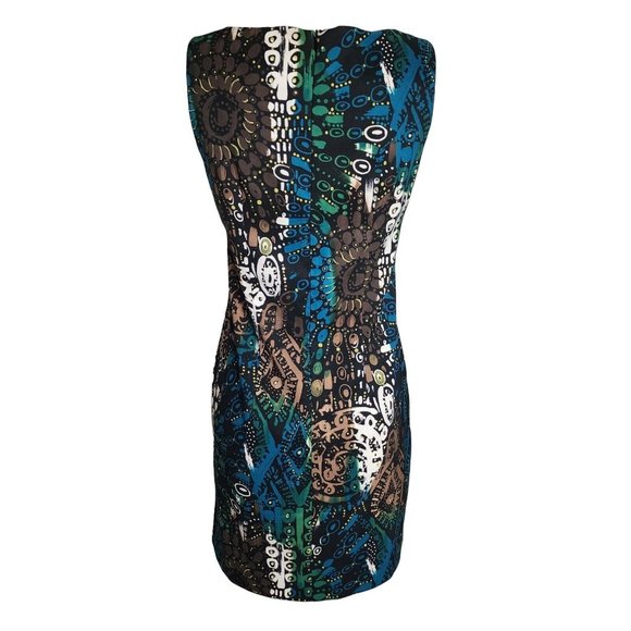 CONNECTED APPAREL Blue Brown Geometric Sleeveless Zip Back Dress Womens Size 6 - Picture 3 of 6